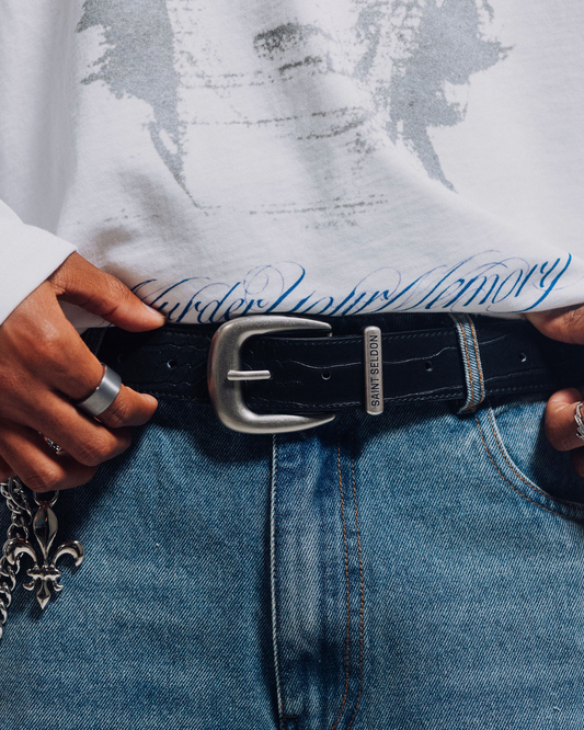VINTAGE HARDWARE BELT - OBSIDIAN CROC EMBOSSED